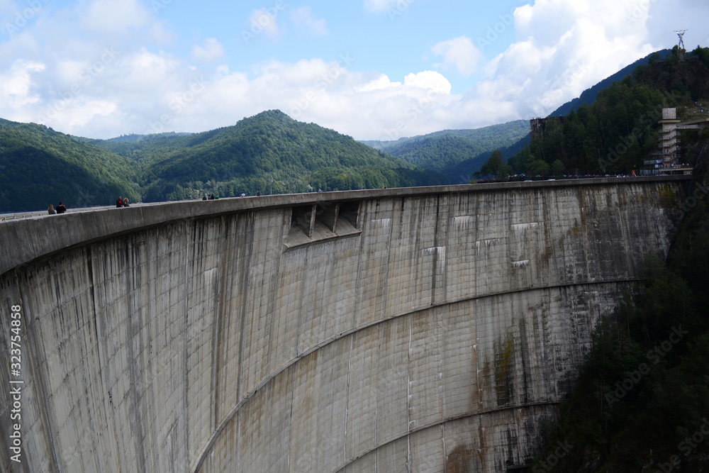 View of Vidraru dam in Romania. Is located in the Fagaras mountains and part of the Transfagarasan.