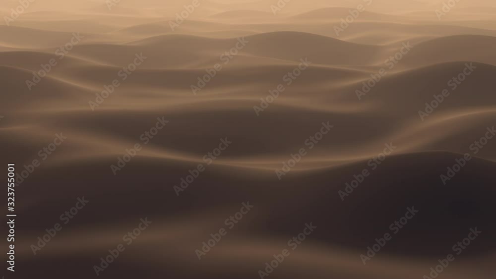 Flying from left to right over stylized desert at sunset, repeatable animation