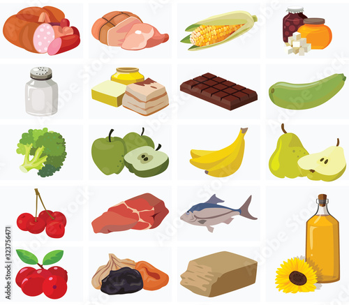Fruits, vegetables, fats, meat, cereals, dairy products
