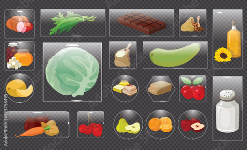 Fruits, vegetables, fats, meat, cereals, dairy products