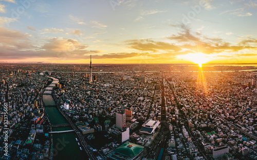 Canvas Print Dramatic sunrise sky of Tokyo cityscape at dawn, Japan
