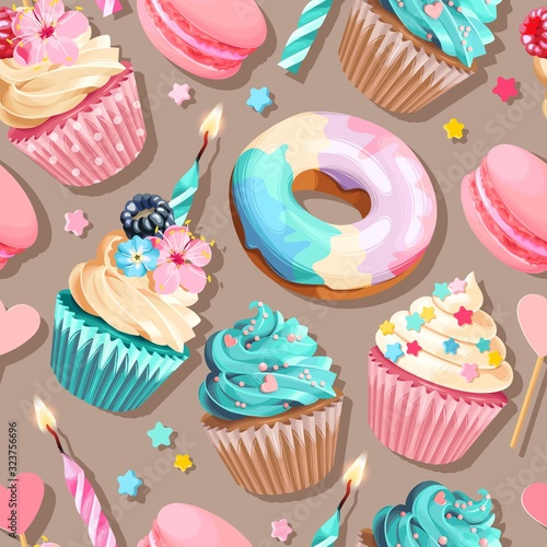 Vector seamless pattern with cupcakes and donuts