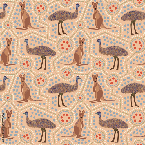 Seamless pattern of emu and kangaroo with ethnic ornament elements. Australian repetitive textile vector print, wallpaper design.