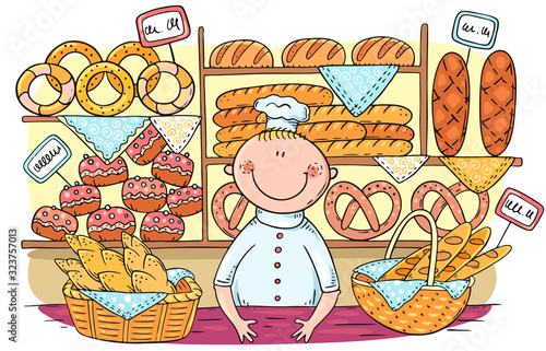 Cartoon baker selling bread and buns at the bakery