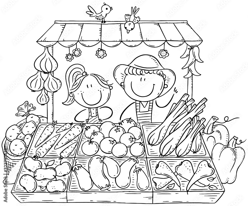 Farmers selling organic vegetables at the market, coloring page Stock  Vector