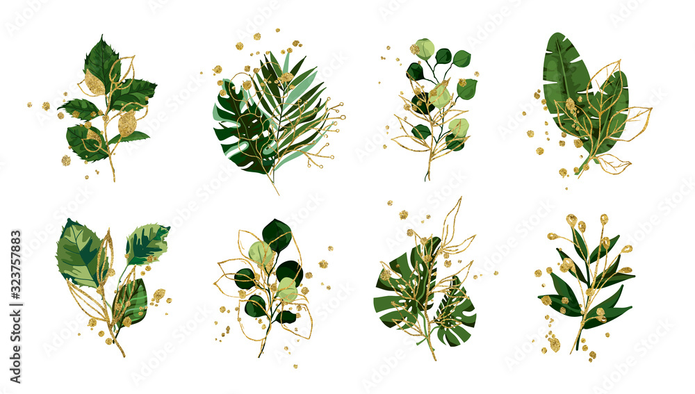 Fototapeta Gold green floral tropical leaves wedding bouquet with golden splatters isolated. Boho botany foliage vector illustration arrangement in watercolor style. Botanical art design for invitation card