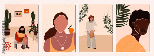 Set of abstract modern woman people faces portraits artistic trendy background templates poster cards. Trendy art minimal background poster wall art print. Vector illustration in hand drawn flat style