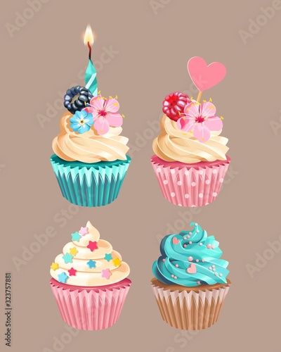 Vector set of high detailed varicolored cupcakes
