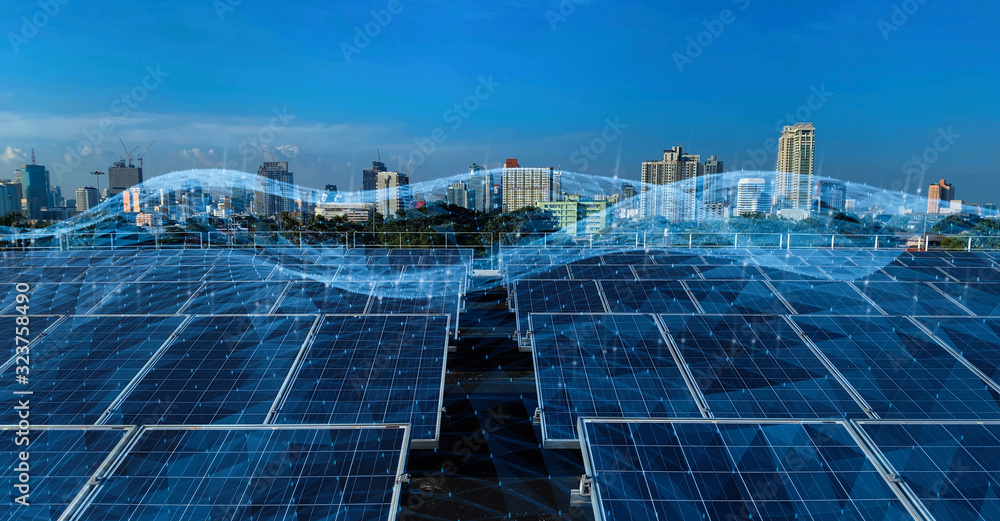 Smart green city concept.solar panels linkage to the city need power. Green energy for the city.