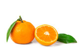 Fresh, bright fruits. Tangerines with leaf on a white isolated background.