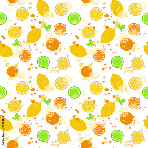  Multicolored citrus fruits in vector flat style and watercolor spots on a white background. illustration. vector