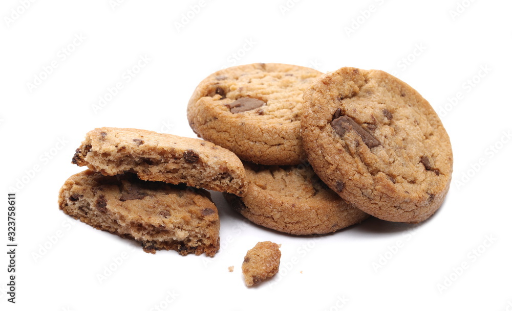 Round broken wholewheat biscuit with chocolate isolated on white background Round broken wholewheat biscuit with chocolate isolated on white background