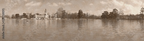 Old photograph of Retiro Park, Madrid, Spain, aged by the patina of time,