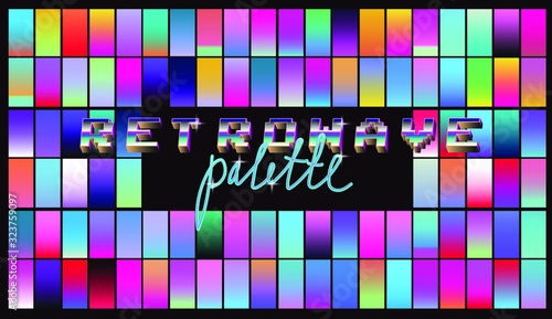 Set of duotone and holographic swatches for trendy coloring. Retrowave neon color palette.