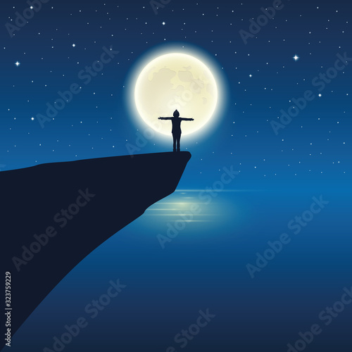 girl with raised arm enjoy the full moon by the ocean vector illustration EPS10