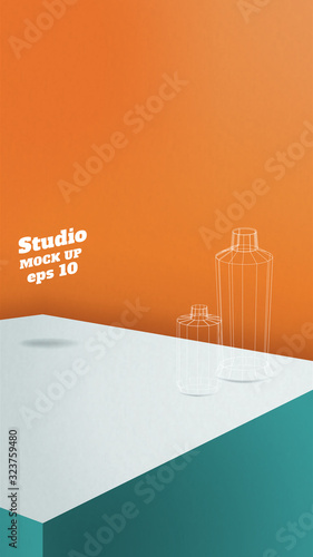 Studio table background.Vector,vivid turquoise product display block with orange wall.mockup for display of design.Vertical Banner for advertise product.16 9 ratio