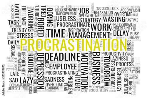 Concept in the form of a cloud of words associated with the term Procrastination