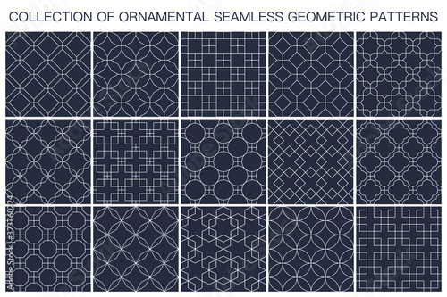 Collection of seamless ornamental vector patterns. Geometric oriental design. Eastern repeatable blue backgrounds. White thin elegant texture