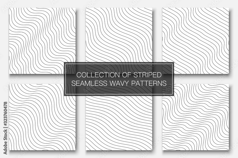 Set of vector simple seamless outline patterns. Striped endless wave texture. White repeatable minimalistic backgrounds with black wavy lines - obrazy, fototapety, plakaty 