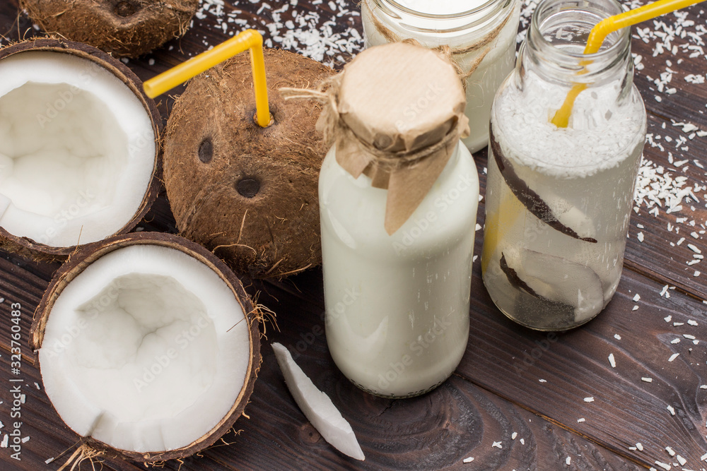 Coconuts and coconut flakes, coconut beverage. Nutritious vegetable food and drink Coconuts and coconut flakes, coconut beverage. Nutritious vegetable food and drink