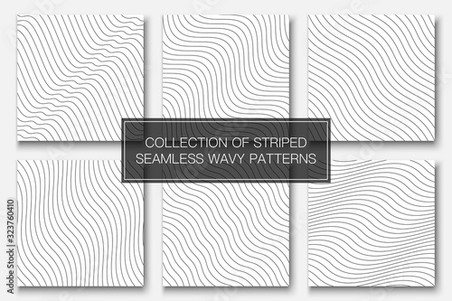 Set of vector simple seamless outline patterns. Striped endless wave texture. White repeatable minimalistic backgrounds with black wavy lines