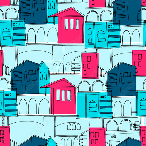 Seamless pattern, colorful cityscape with historical buildings and archways for surface design and other design projects