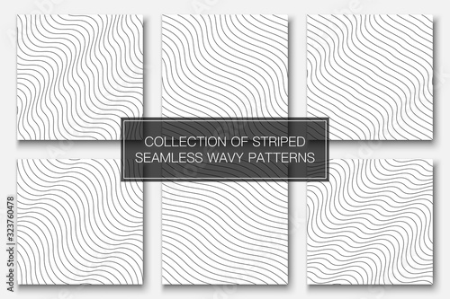 Set of vector simple seamless outline patterns. Striped endless wave texture. White repeatable minimalistic backgrounds with black wavy lines