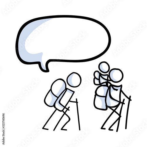 Hiking stick figure family line art icon. Carrying backpack, piggyback ride, track pole and kids . Outdoor leisure walking, climbing and trekking lifestyle . Wilderness adventure speech bubble travel.