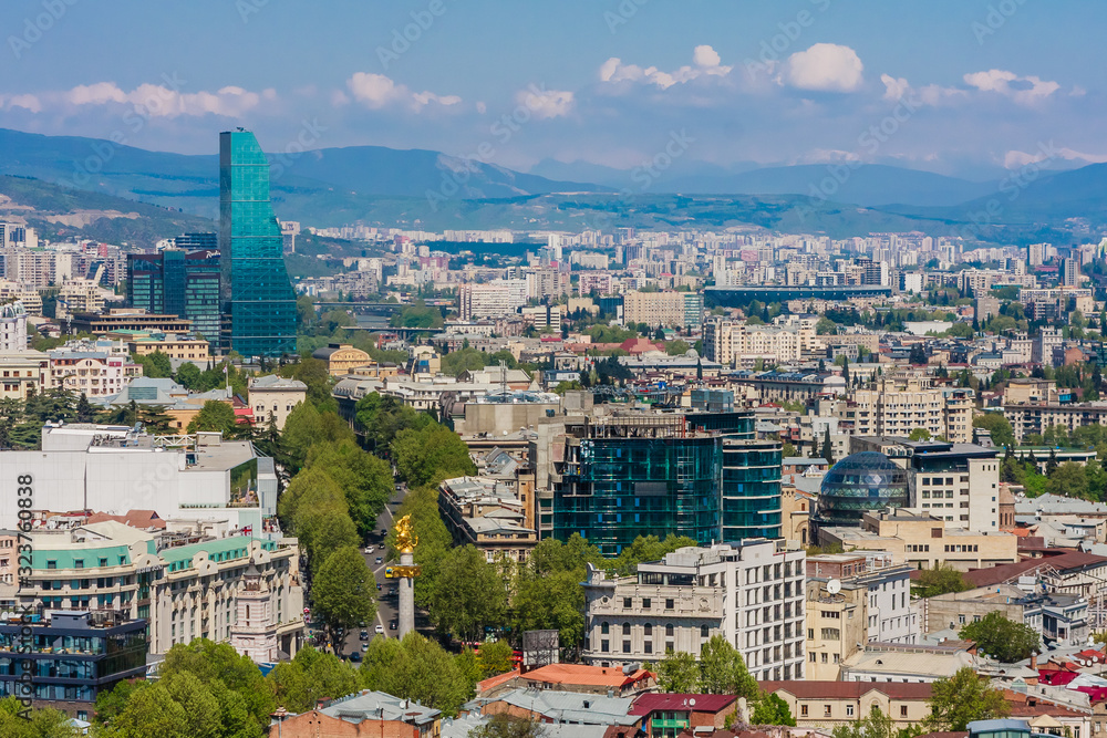 Panoramic view of Tbilisi city from Sololaki Hil, old town and modern architecture.  Georgia