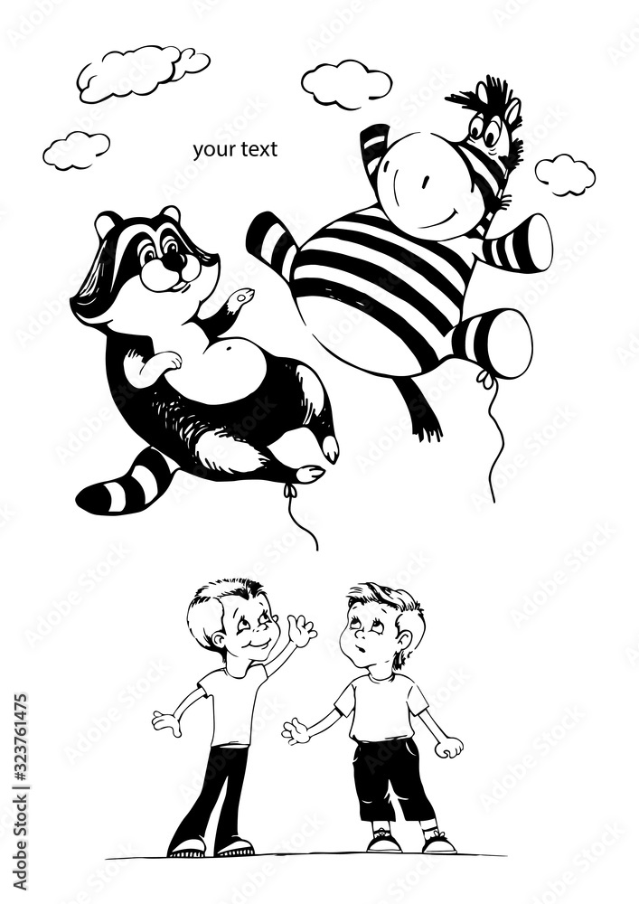 Two boys launch balloons in the sky on a birthday. Zebra and raccoon fly in the sky. Greeting card