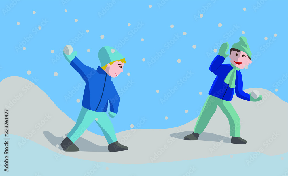 Boys play snowballs. Two boys in winter clothes. The Background snow and sky. Illustration in flat style.