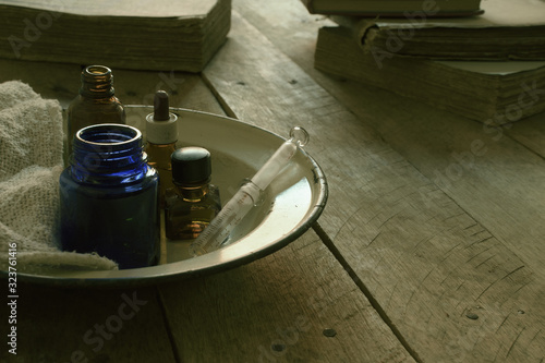 materials for the preparation of medicines on the wooden table.