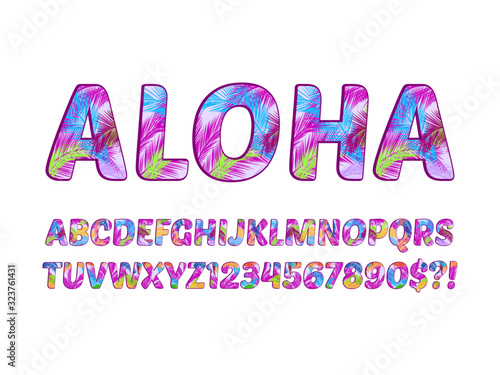 Vector alphabet letters and numbers with colorful palm tree leaves, tropical alphabet for poster, design banner, etc. 