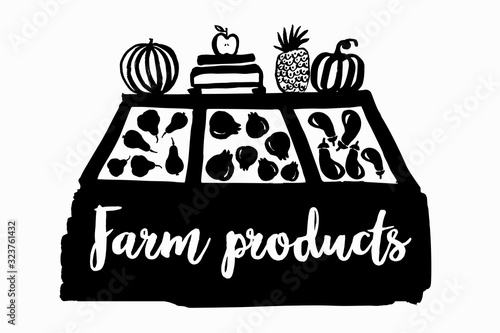 Farmers market stall graphic vector illustration. Hand drawn line isolated fruit and vegetable mini market. Local farm products in crates. Watermelon, pumpkin, eggplant, pear, pomegranate, pineapple.