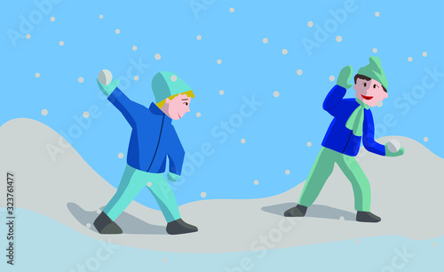 Boys play snowballs. Two boys in winter clothes. The Background snow and sky. Illustration in flat style.