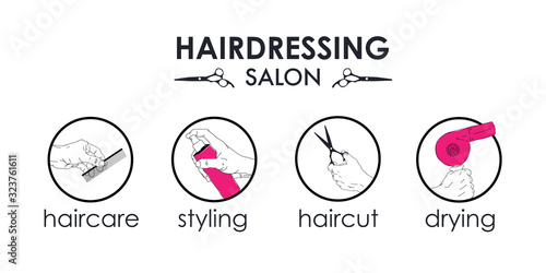  Hairdressing salon logo, labels and design elements for flayer, poster,  business card concept. Line style hair care, styling, haircut, drying icons in black and magenta colors.