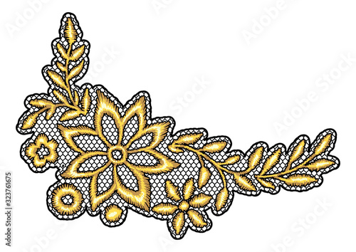 Lace decorative element with gold flowers.