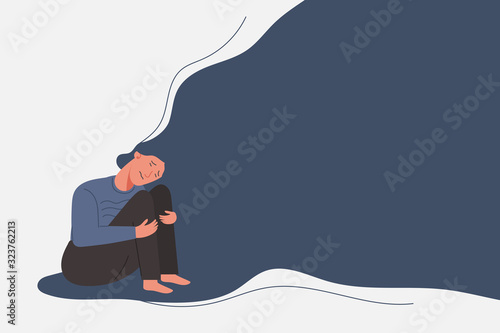 sad and unhappy young woman in depression sitting on her knees, lonely girl with flying hair, sorrow, sadness, mental health concept, cartoon female character vector flat illustration