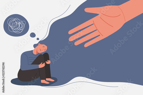 human helps sad and unhappy young woman in depression sitting on her knees, lonely girl with confused on her mind, sorrow, mental health concept, cartoon female character vector flat illustration