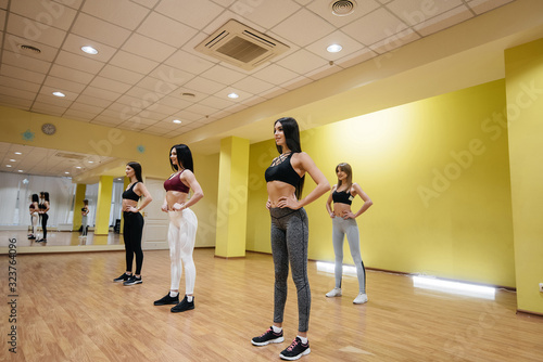 Athletic young girls are engaged in fitness and aerobics in a group class. Fitness, healthy lifestyle