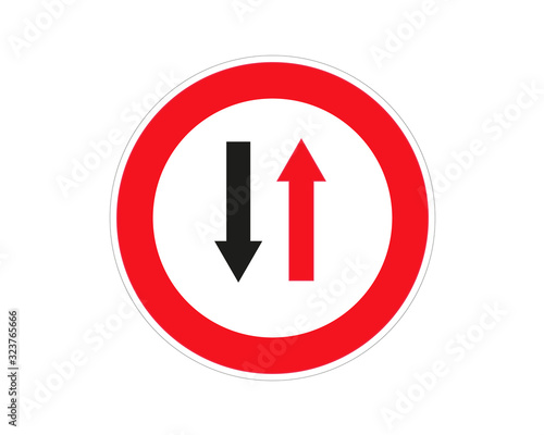 Vector Regulatory signs of Give way to oncoming vehicles isolated on white background. Traffic Sign. Road signs. photo