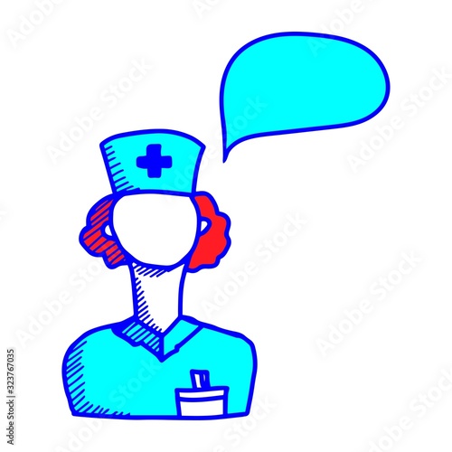 Doctor with speech bubble above his head in cartoon style isolated on white background. Medical concept. Vector