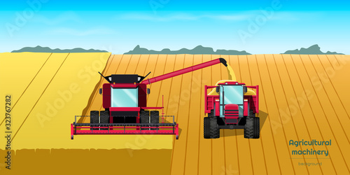 Agriculture machinery. Harvester combine and tractor on field. Industrial landscape. Farmer work panorama. Harvesting scene
