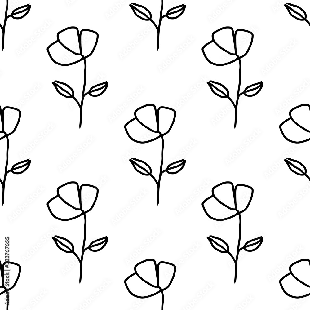 Hand drawn flowers seamless repeat pattern for wrapping paper.