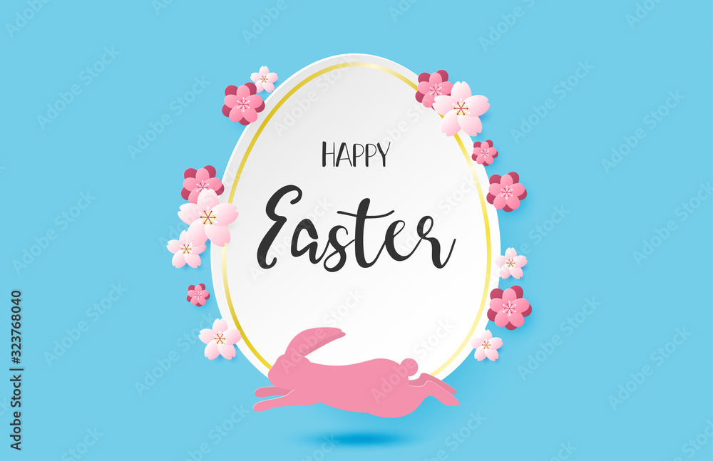 Happy Easter day background with flower and pink rabbit in paper cut style. Digital craft paper art.