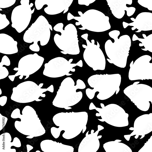 Seamless pattern with white fish in doodle style isolated on black background. Vector coral reef fish outline illustration.