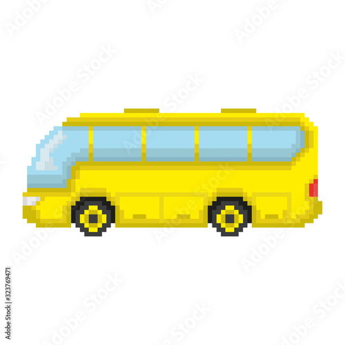 International yellow passenger pixel bus icon. Side view. Vector drawing. Isolated object on a white background. Isolate.