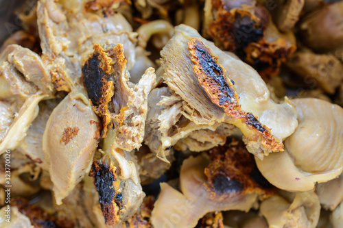 Food mishaps. Chicken stomachs burned out badly during cooking. Overcooked, accidentally burnt or just plain ugly food.