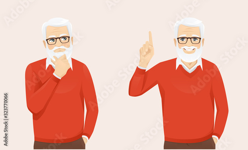 Handsome senior man in casual clothes thinking looking away and making idea pointing up vector illustration
