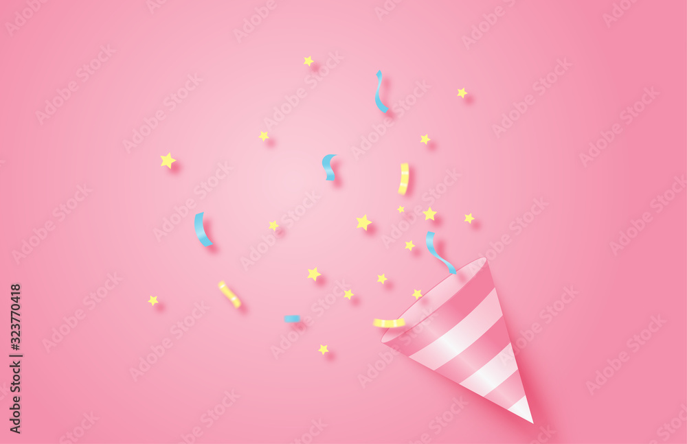 Birthday party. Exploding pink popper cone with confetti. Event celebration concept.